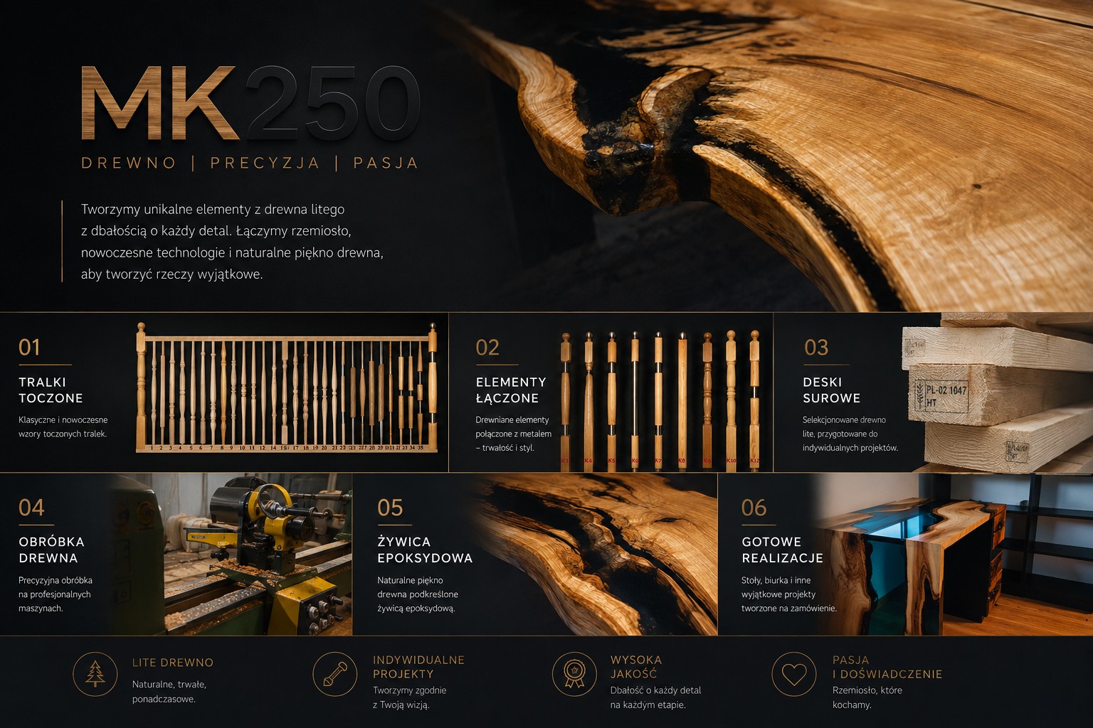 MK250 – Drewno, Precyzja, Pasja. Oferta obejmująca tralki toczone, elementy łączone, deski surowe, obróbkę drewna, żywicę epoksydową i gotowe realizacje.